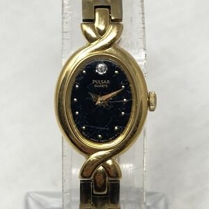 Vintage Pulsar Womens Watch 16mm Gold Tone V810-5860 Black Dial New Battery 7"